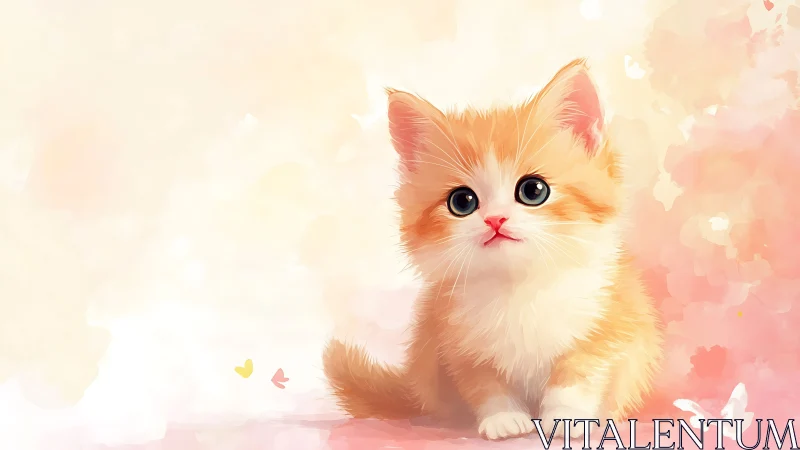Soft-rendered orange and white kitten with oversize eyes against ethereal pastel gradient.
