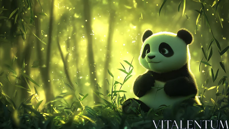 Gentle baby panda relaxing in sunlit bamboo forest.