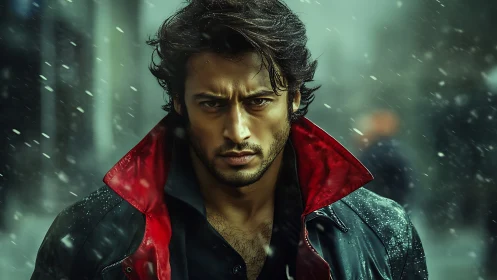 Storm-eyed wanderer strides through snowlit city grit.