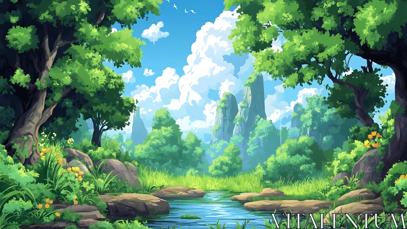 Verdant Canyon Landscape: Anthropogenic Narrative Framing in Digital Painterly Composition.