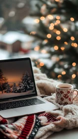 Photorealistic winter workspace with bokeh-lit tree focus.