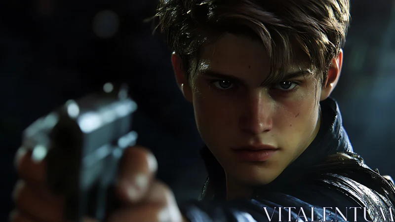 Young gunman locks his aim in a tense cinematic standoff