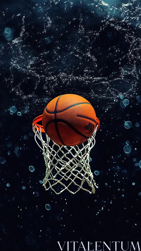 Basketball sinking through hoop in splash-filled dark space.
