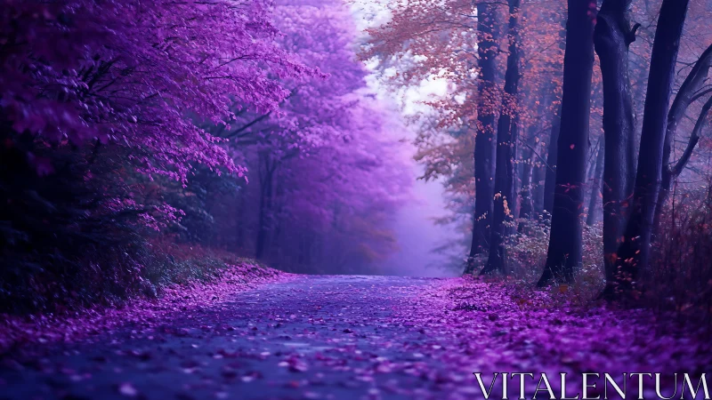 Purple forest road with misty background and dense trees.