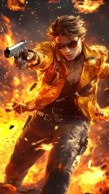 Dynamic digital painting of gunman in cascading inferno motion.