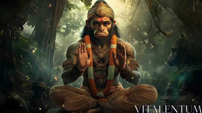 Peaceful monkey sage offering calm blessings in jungle.