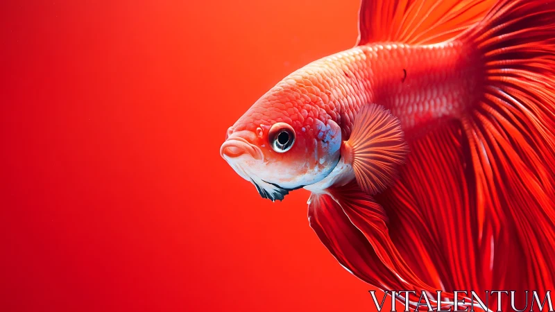 Red betta fish close-up against solid red background.