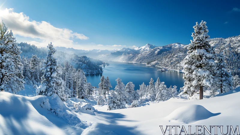 Photorealistic alpine lake panorama with snow-laden conifers.