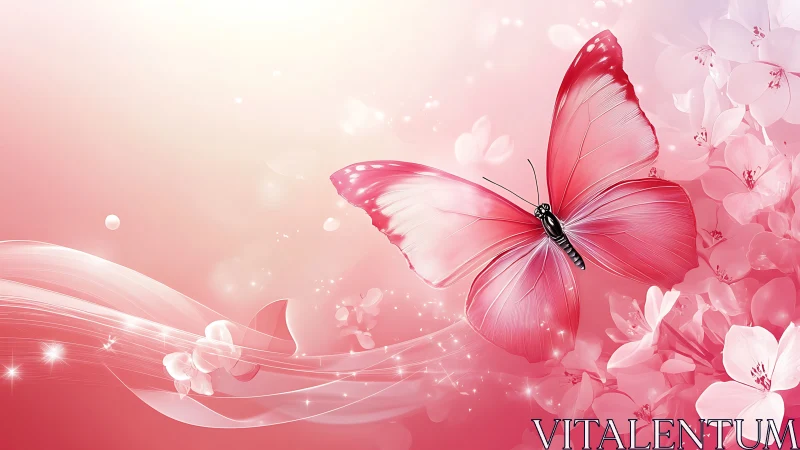 Pink gradient butterfly over floral waves in soft light.