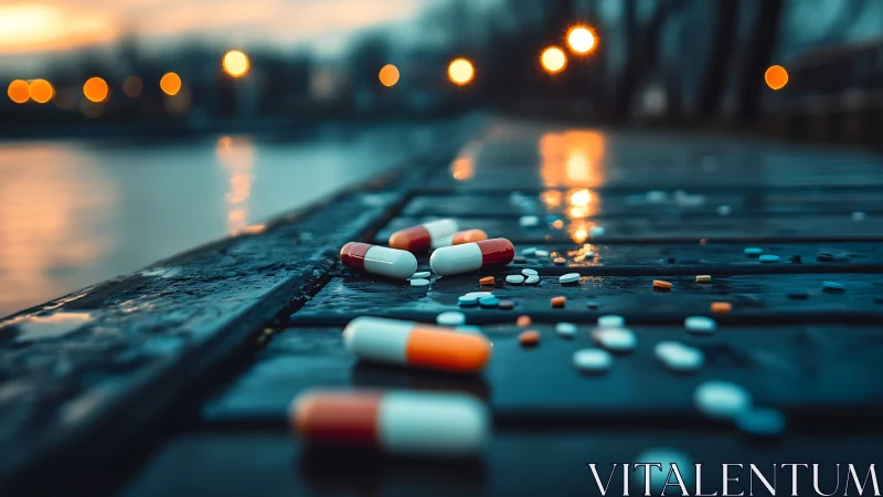 Spilled capsules on wet boardwalk at blue hour waterfront.
