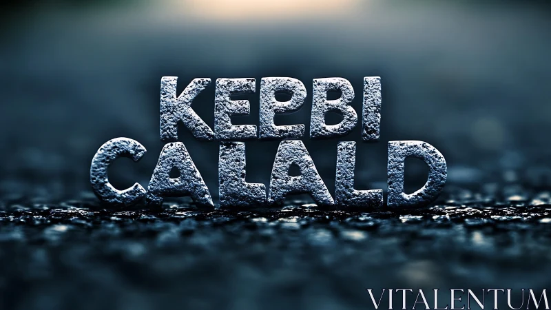 Textured stone letters glowing softly on a moody street.