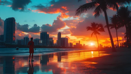 Urban beach shoreline with sunset sky and palm silhouettes.