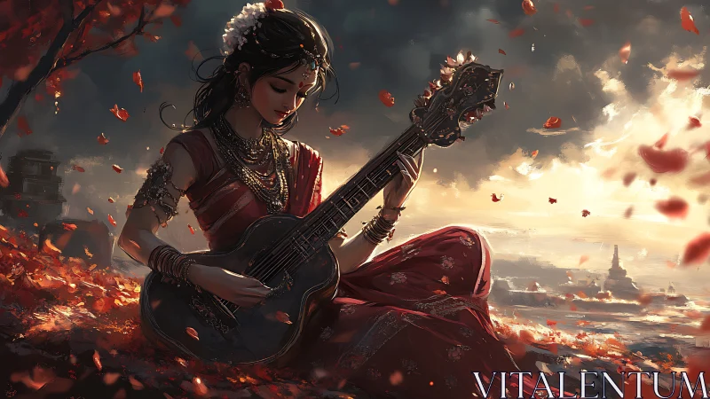 Sitar goddess shapes dusk melody amid swirling red petals.