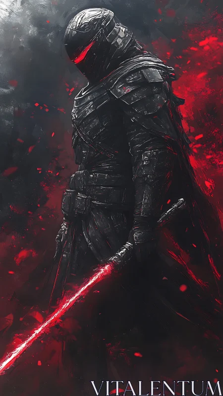 Dark armored warrior stands within swirling crimson embers.