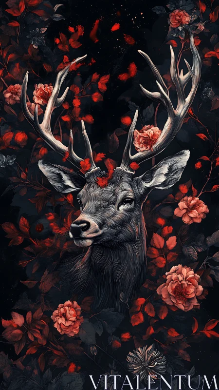 Midnight stag quietly grows a burning garden of roses