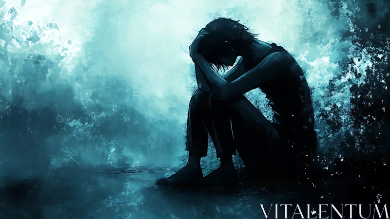 Silhouetted figure seated against abstract blue environment.