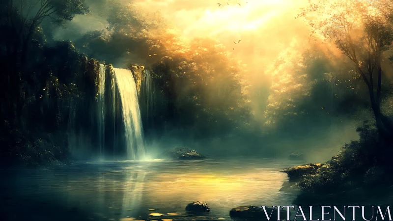 Golden mist drifts around a tranquil forest waterfall