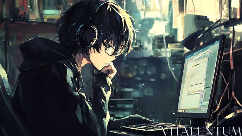 Solitary programmer in neon-lit studio rendered in anime style