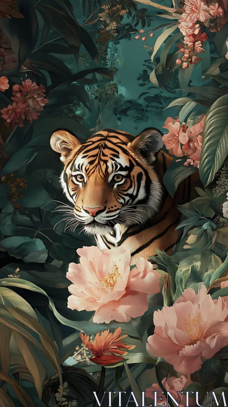 Tiger peers through lush jungle flowers with tranquil gaze