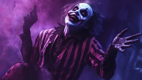 Horror clown portrait under magenta rim lighting in dense fog