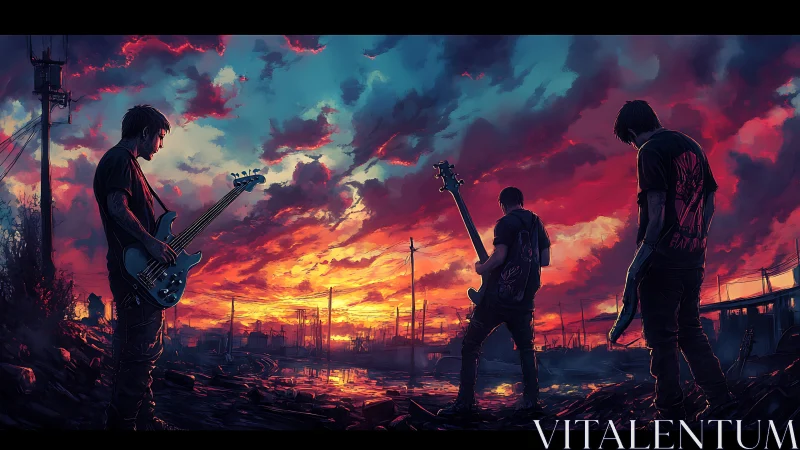 Rock band silhouettes ignite a neon sunset over ruined cityscape