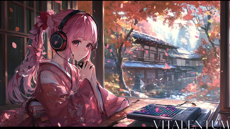 Kimono gamer girl streaming in autumn-lit shrine studio.