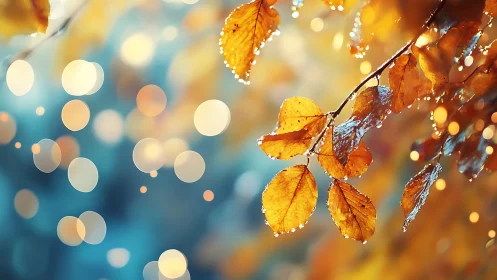 Golden autumn leaves with luminous bokeh glow at dusk.