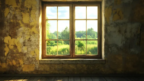 Sunlit rural window frames lush summer meadow view.
