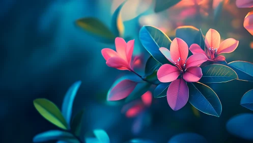 Digital Composite: Luminescent Pink Petals with Teal-Blue Bokeh Background