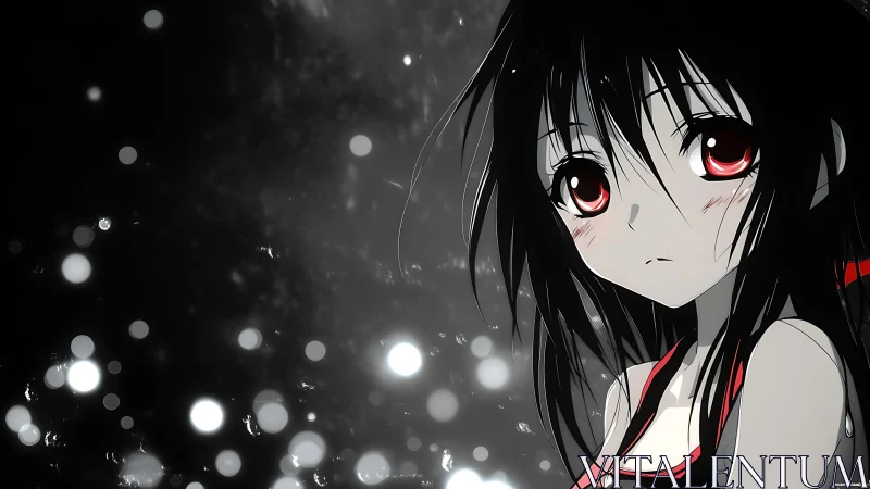 Melancholic anime girl stands under glowing bokeh lights