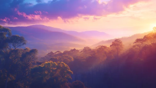 Luminous dawn pours over misty pastel mountains and forest.