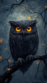 Nocturnal owl with luminous amber eyes on autumn branch.