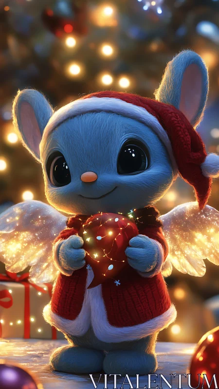 Blue plush Christmas mouse holding glowing heart ornament.