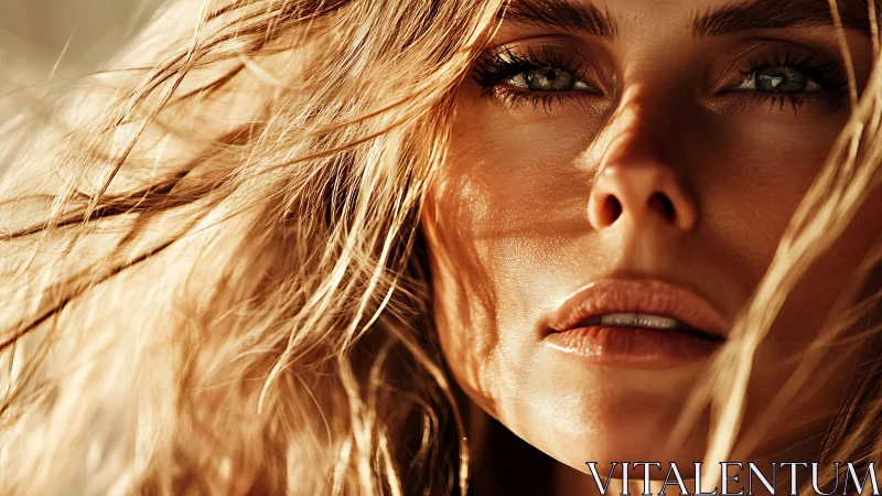 Sunlit gaze and windswept hair in molten golden closeup.
