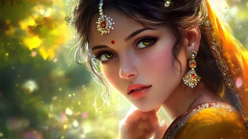 Luminous digital portrait of jeweled woman in golden sari light