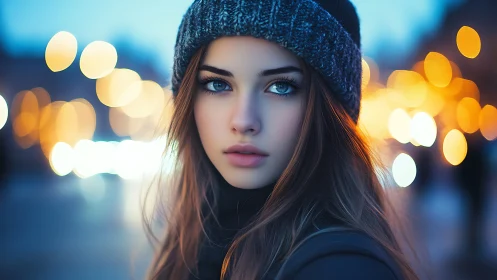 Winter portrait under city bokeh lights at blue hour.