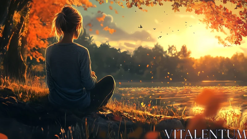 Person by lakeside observing autumn sunset landscape scene.