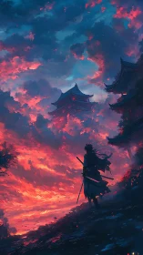 Lone samurai under burning sunset sky near pagoda towers.