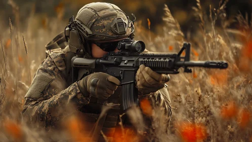 Soldier in camouflage aiming rifle in dry field environment.