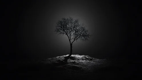 Solitary winter tree silhouetted in dramatic rim light.