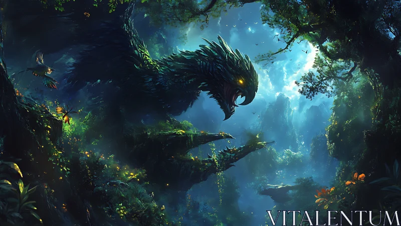 Mystical forest dragon watches over a glowing emerald valley