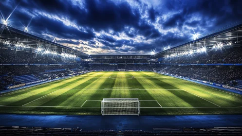 Floodlit football stadium shows empty pitch before night match