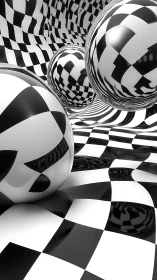 Reflective spheres on warped checkerboard optical field.