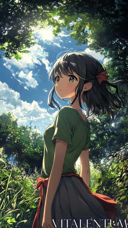 Anime girl in sunlit forest clearing under bright sky.