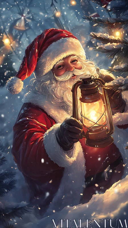 Santa walks through snowy pines holding a warm glowing lantern