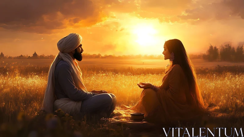 Sunset field dialogue with luminous backlit silhouettes.