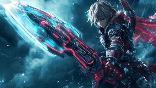 Cybernetic anime warrior with plasma lance in frozen storm