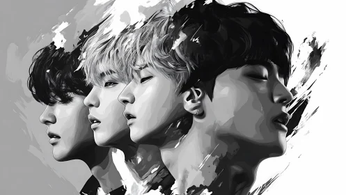 Four grayscale portraits share one flowing emotional moment