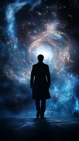 Silhouetted traveler walks toward luminous cosmic vortex