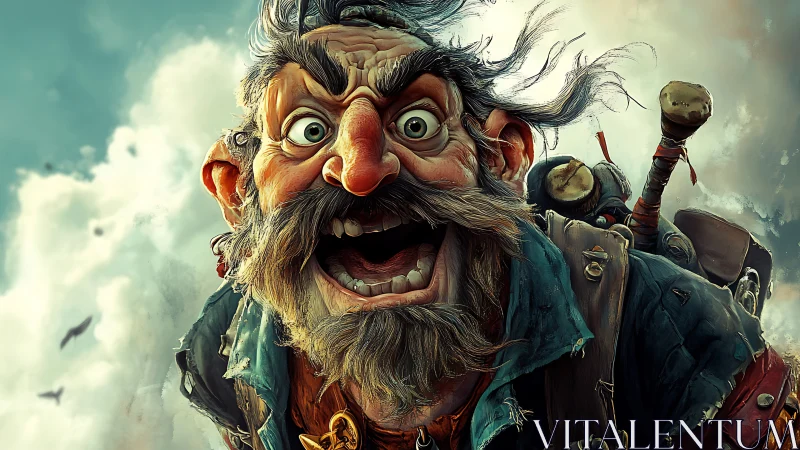 Wild-eyed sky pirate bellows laughter into stormy clouds